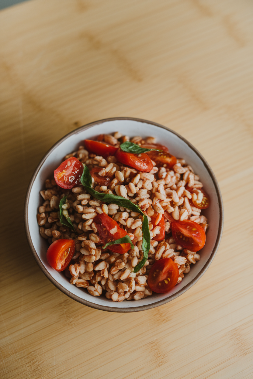 Indoor photo of a bowl of chewy farro grains mixed with halved cherry tomatoes, basil ribbons, and a light olive oil drizzle; overhead soft light, no text or logos