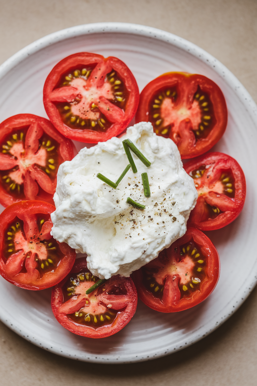 Indoor photo of cottage cheese scooped onto sliced heirloom tomatoes, sprinkled with chopped chives and cracked pepper on a white plate. Neutral background, no text or logos.
