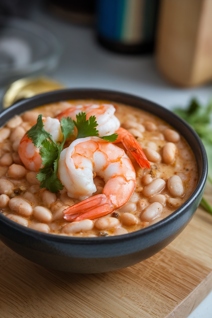 Indoor photo of a bowl holding plump cooked shrimp curled within white bean chili, cilantro garnish; no text or logos.