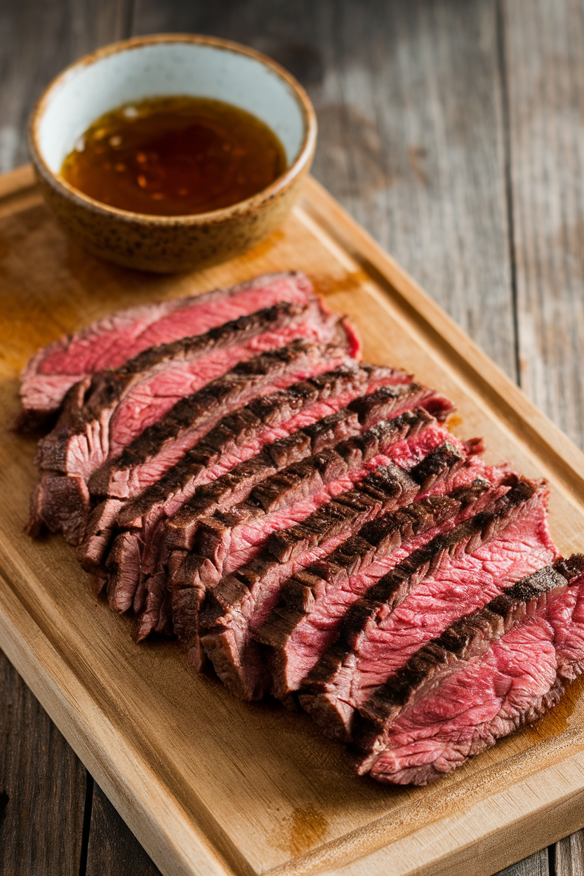 Indoor cutting board with thin slices of cooked flank steak, a small bowl of kombucha marinade in the background. No text or logos present.