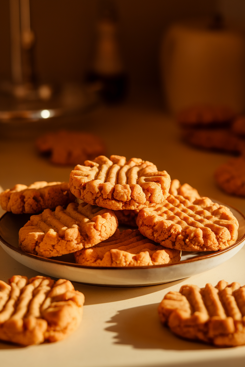 Photo prompt: A plate of golden chickpea-based peanut butter cookies under warm indoor lighting, no logos or text.