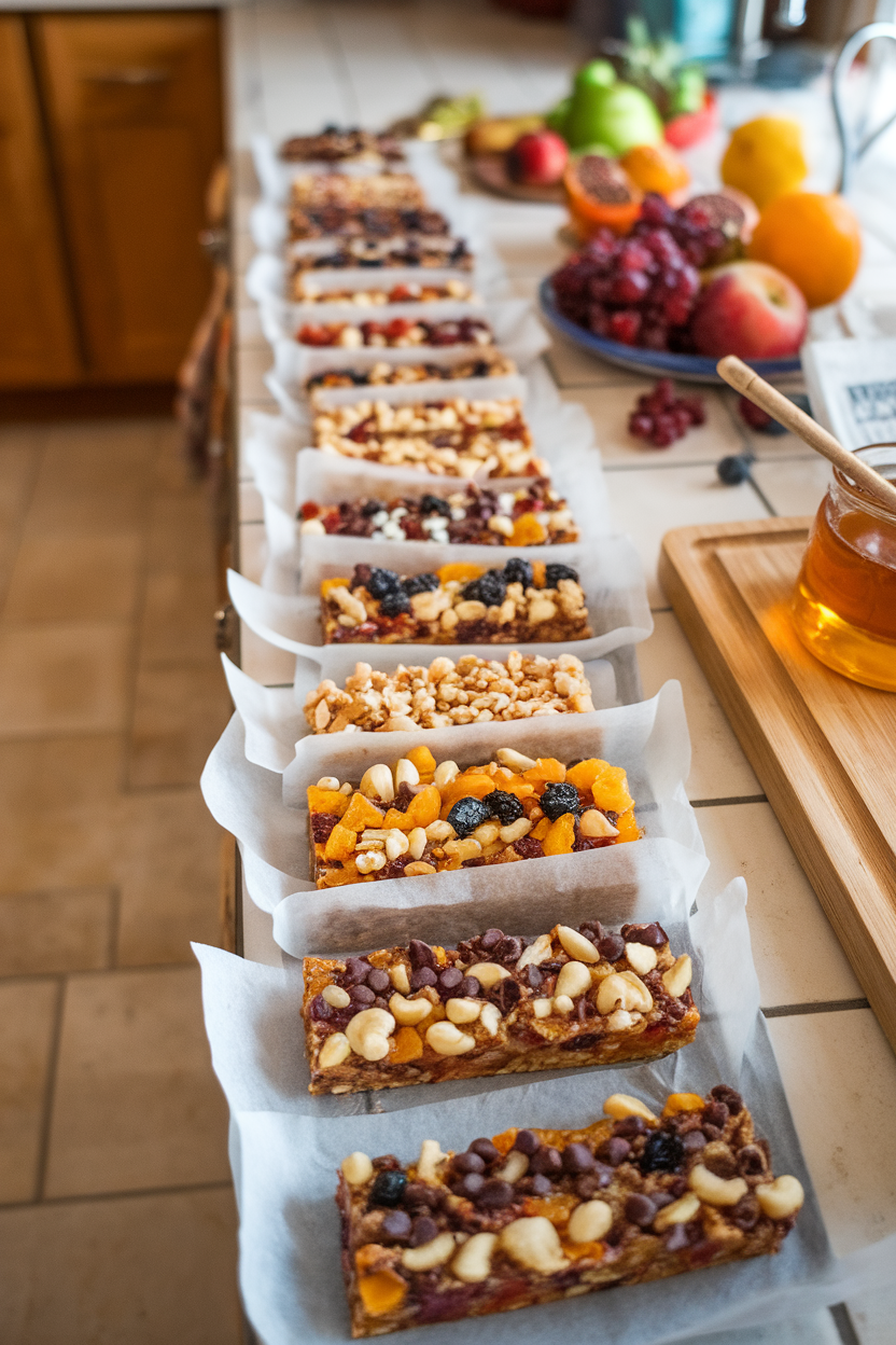 Photo of an indoor counter lined with homemade fruit-and-nut energy bars wrapped in parchment paper, no text or logos.