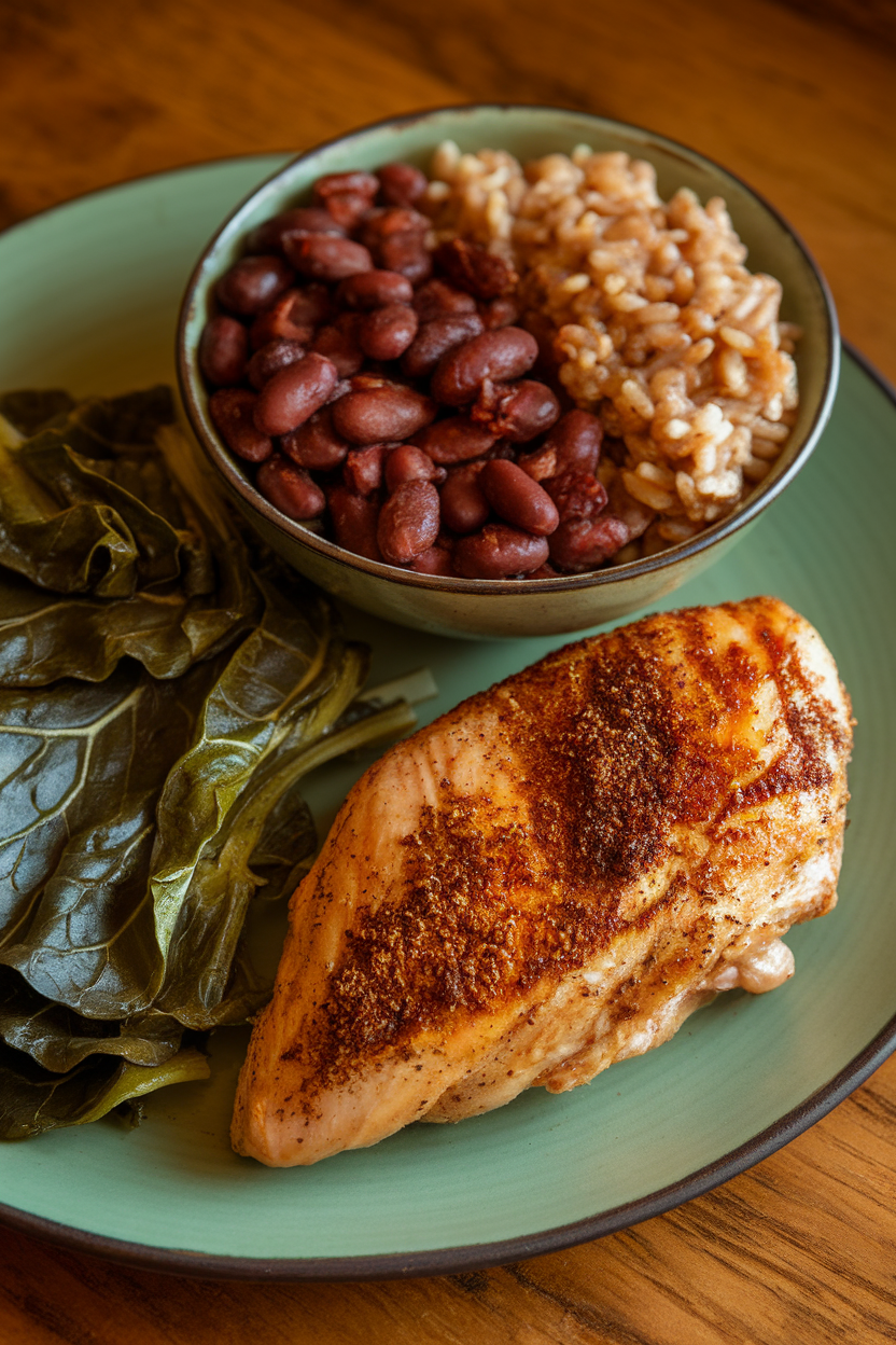 Indoor photo of spiced chicken breast, scoop of red beans and brown rice, and tender collard greens on a plate. No text or logos.