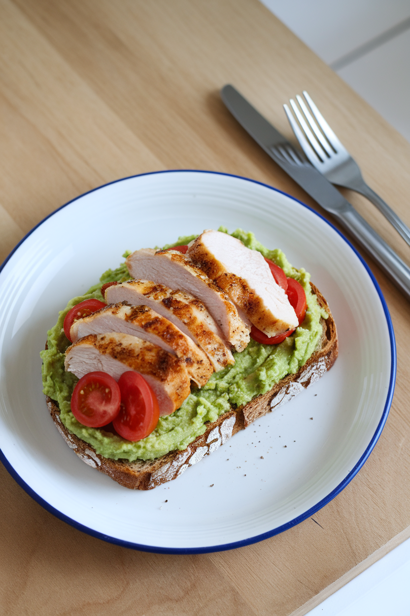 An indoor breakfast plate with whole-grain toast spread with mashed avocado and topped with sliced chicken breast and cherry tomato halves. No text or logos. Photo.