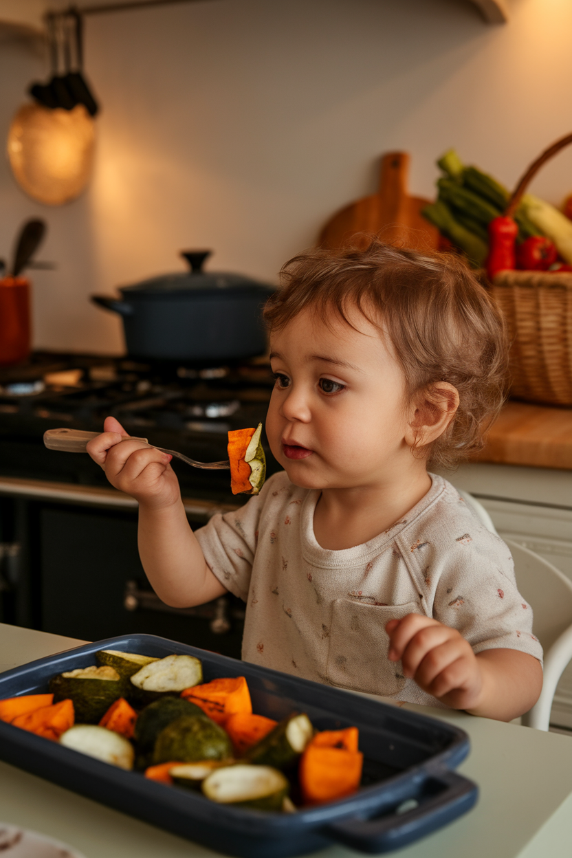 Indoor photo of a child holding a tiny forkful of unfamiliar roasted vegetables with a curious expression, cozy kitchen setting, no text or logos