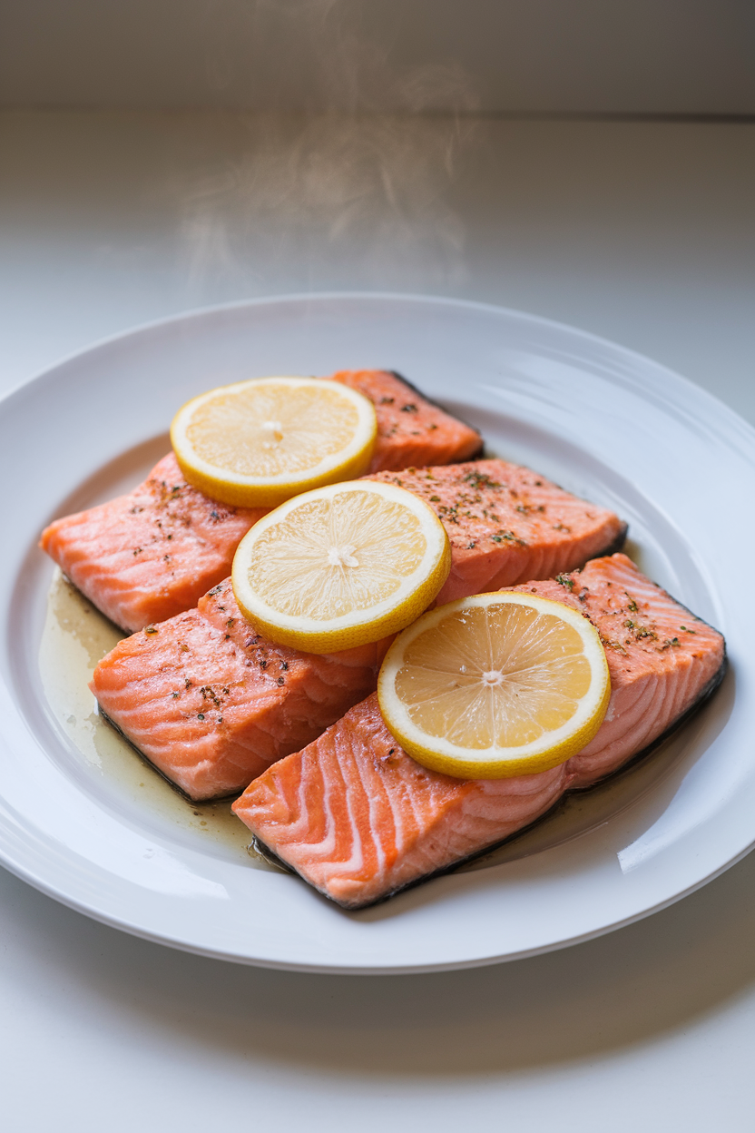 Indoor photo of cooked salmon fillets topped with lemon slices on a white plate, gentle steam visible, no text or logos