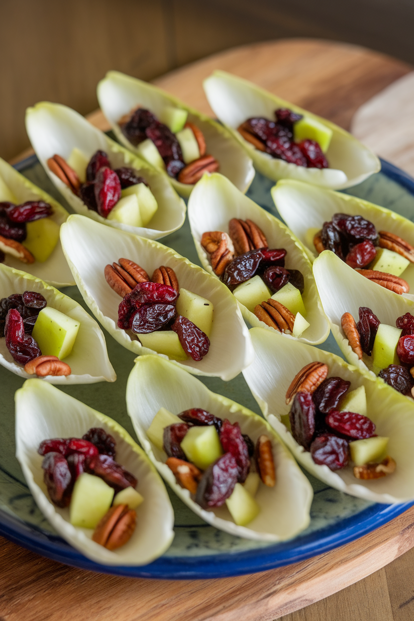 Indoor photo of endive leaves holding a mixture of dried cranberries, chopped pecans, and diced green apple, arranged neatly on a ceramic platter. No text or logos.