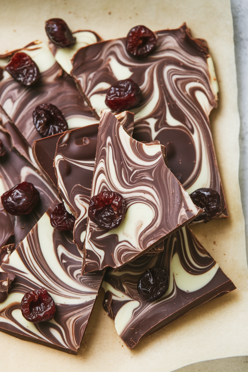 Dark and white chocolate bark swirled on parchment, dotted with dried cherries, photographed indoors. No text or logos present.</Prompt