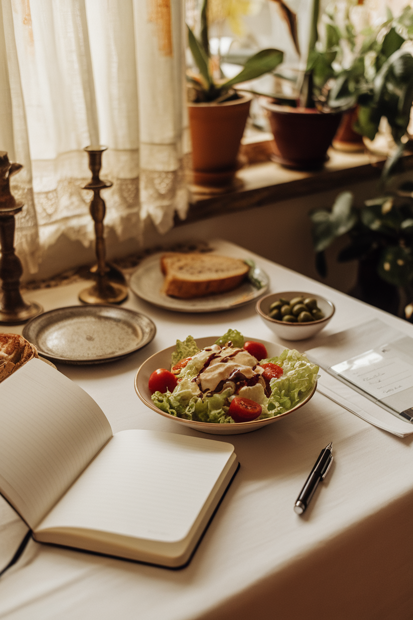 Indoor dining table with an open blank notebook and pen beside a simple salad—photo, pages blank to avoid text.