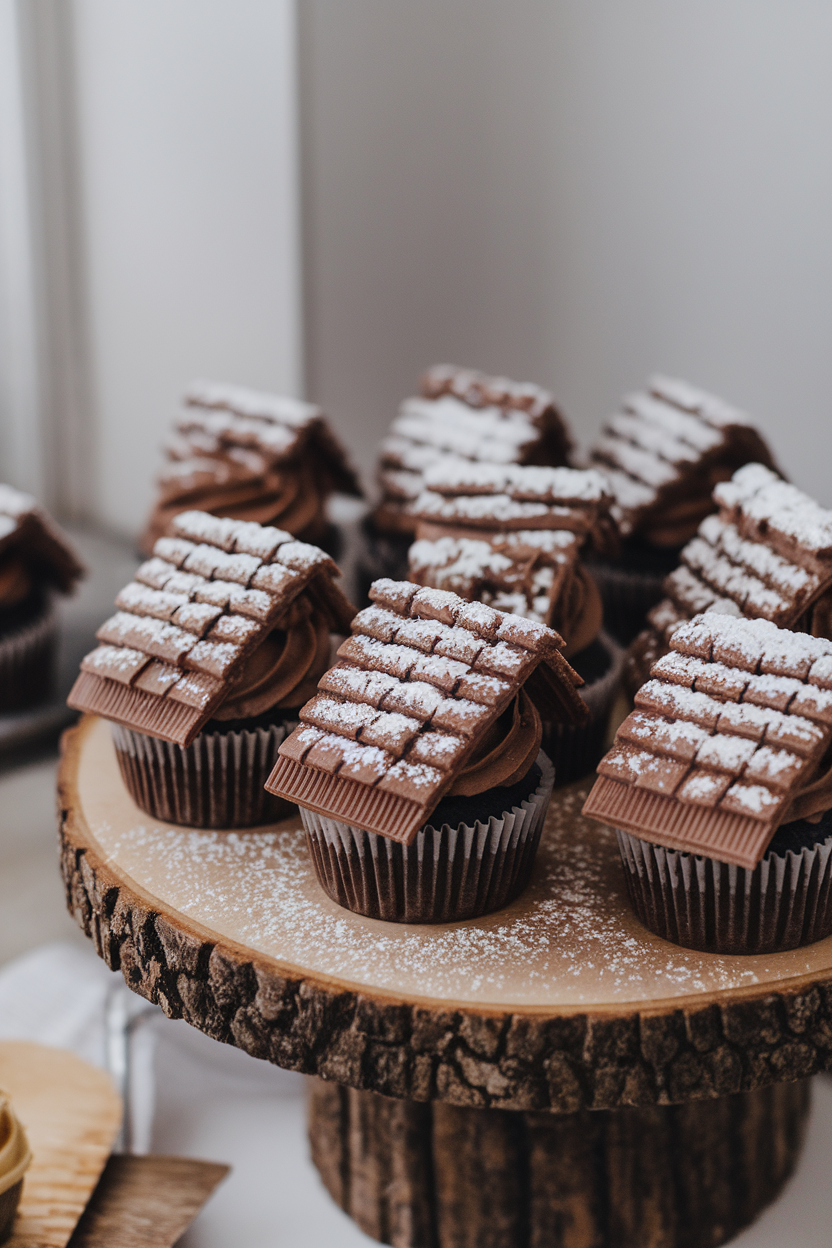 Photo of indoor wooden dessert board with cupcakes topped by chocolate frosting ridged like roof shingles, sprinkled with powdered sugar snow, no text or logos.