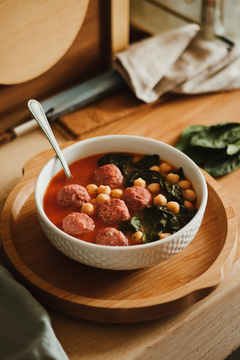 An indoor table scene showing a bowl of tomato broth with small beef meatballs, spinach, and chickpeas. No text or logos; photo.