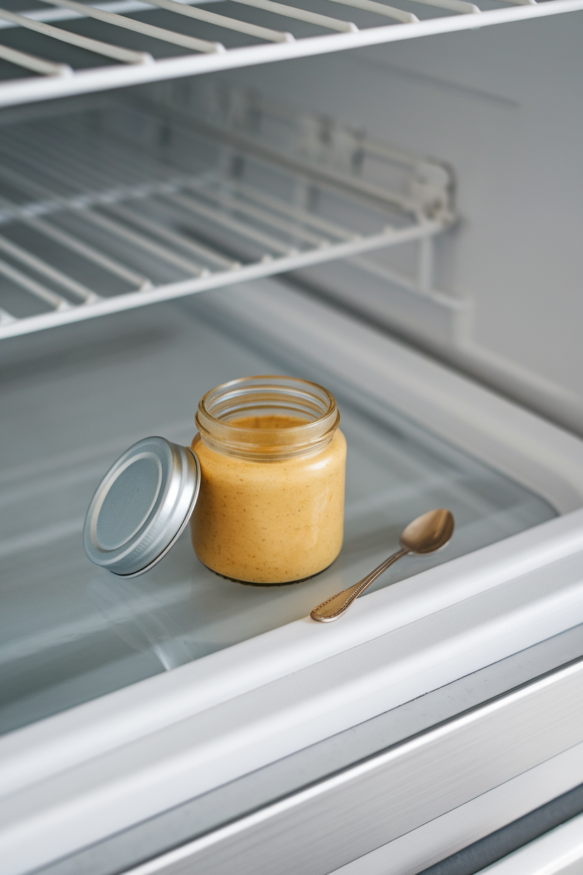 Photo, indoor refrigerator door featuring a plain jar of Dijon mustard with the lid off and a tiny spoon, no logos.
