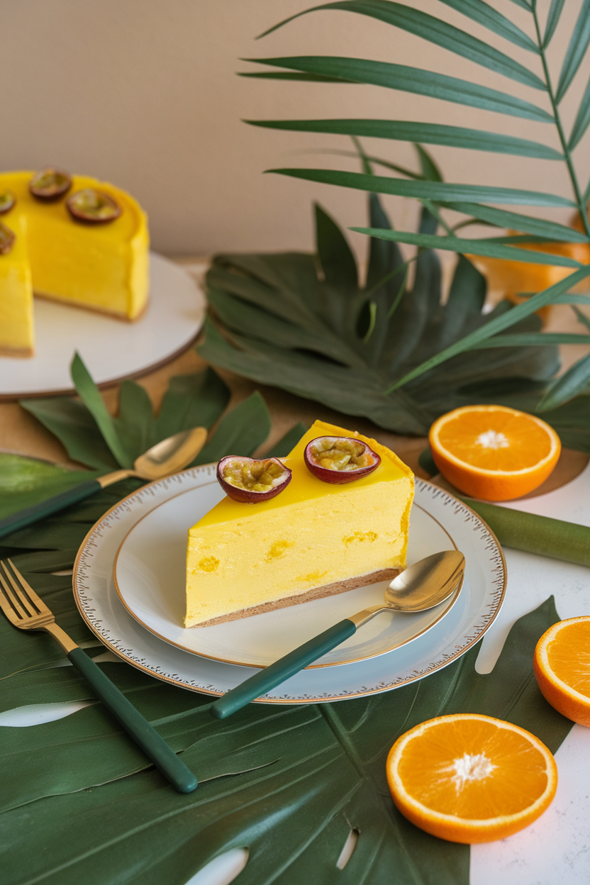 An indoor tropical-themed table with a bright yellow mousse cake slice, passionfruit seeds speckled on top and a thin biscuit base visible. No text or logos. Photo, not illustration.