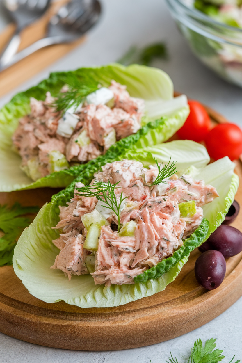 Indoor photo of romaine leaves filled with light tuna salad mixed with Greek yogurt, dill, and celery; no text or logos.