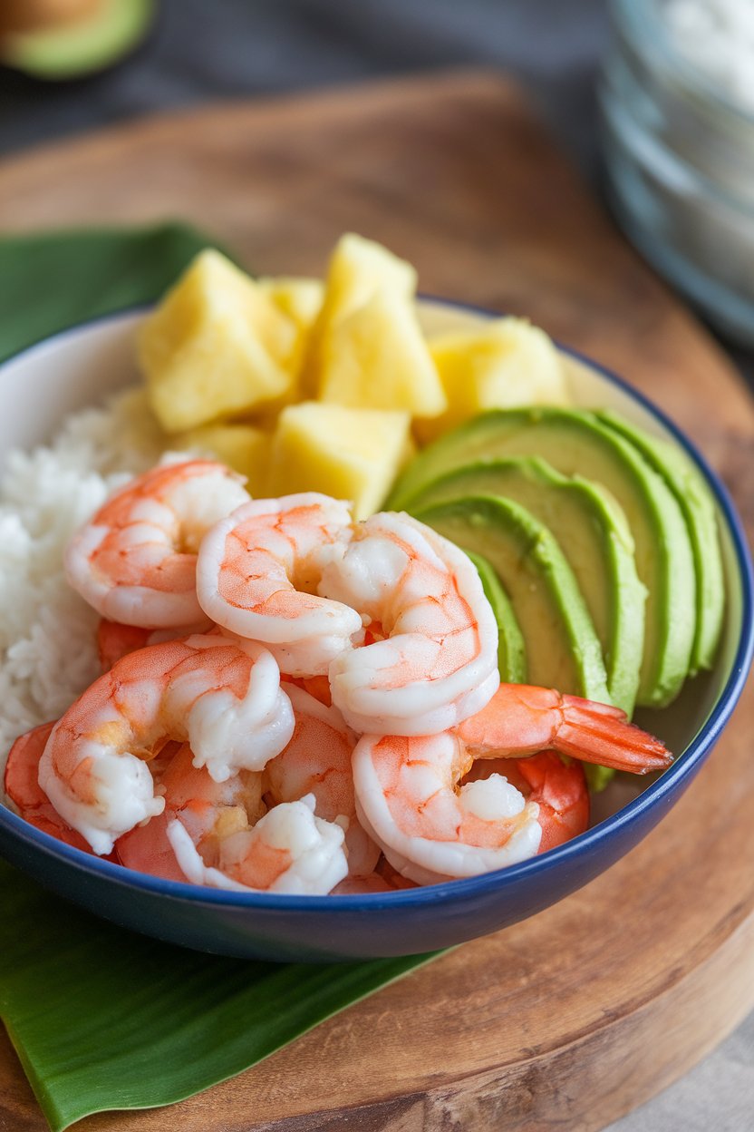 An indoor bowl featuring cooked shrimp, coconut jasmine rice, pineapple chunks, and sliced avocado. No text or logos.