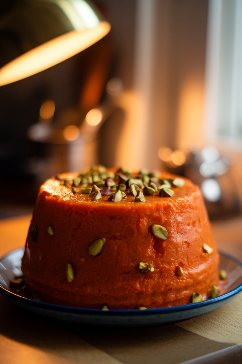 Photo prompt: An indoor dessert plate of glossy carrot halwa dotted with chopped pistachios, warm lamp light. No text or logos anywhere.