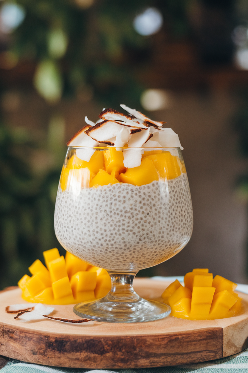 Indoor dessert glass layered with creamy chia pudding and diced ripe mango, topped with toasted coconut flakes. No text or logos. Photo only.