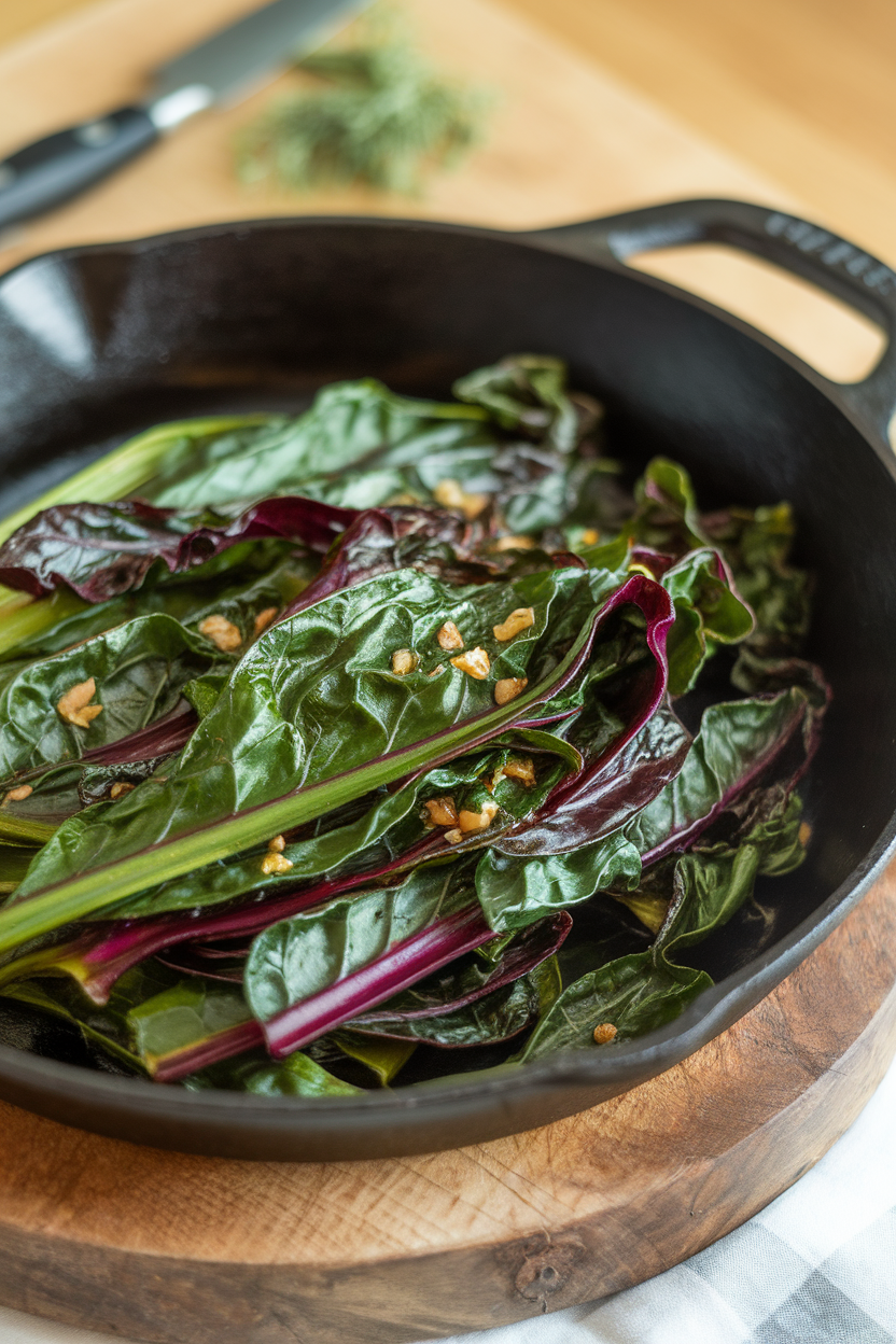 Indoor photo of sautéed Swiss chard ribbons glistening with olive oil and garlic slivers in a cast-iron skillet; side light, no text or logos