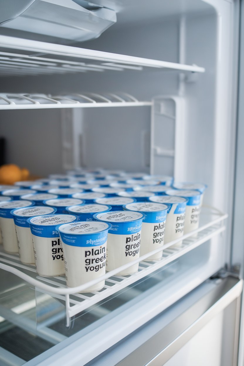 Photo of a fridge door shelf lined with small cups of plain Greek yogurt, lids facing forward. Indoor light, no brand logos visible.