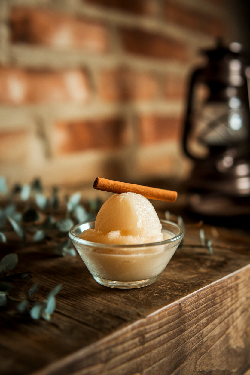 A small dish of pale pear sorbet garnished with a cinnamon stick, indoors. No text or logos.
