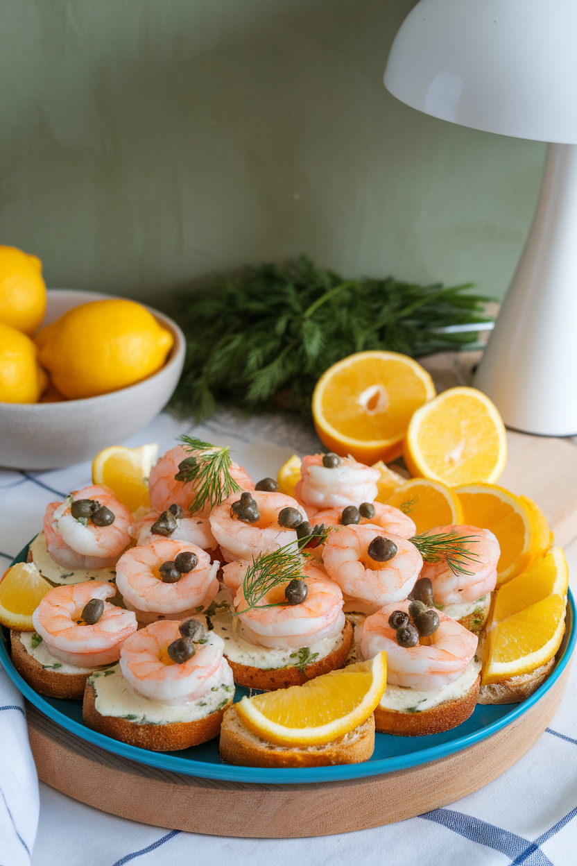 Indoor scene with a platter of cooked lemon-dill shrimp, herb butter crostini, orange segments, and caper berries; no logos or text.