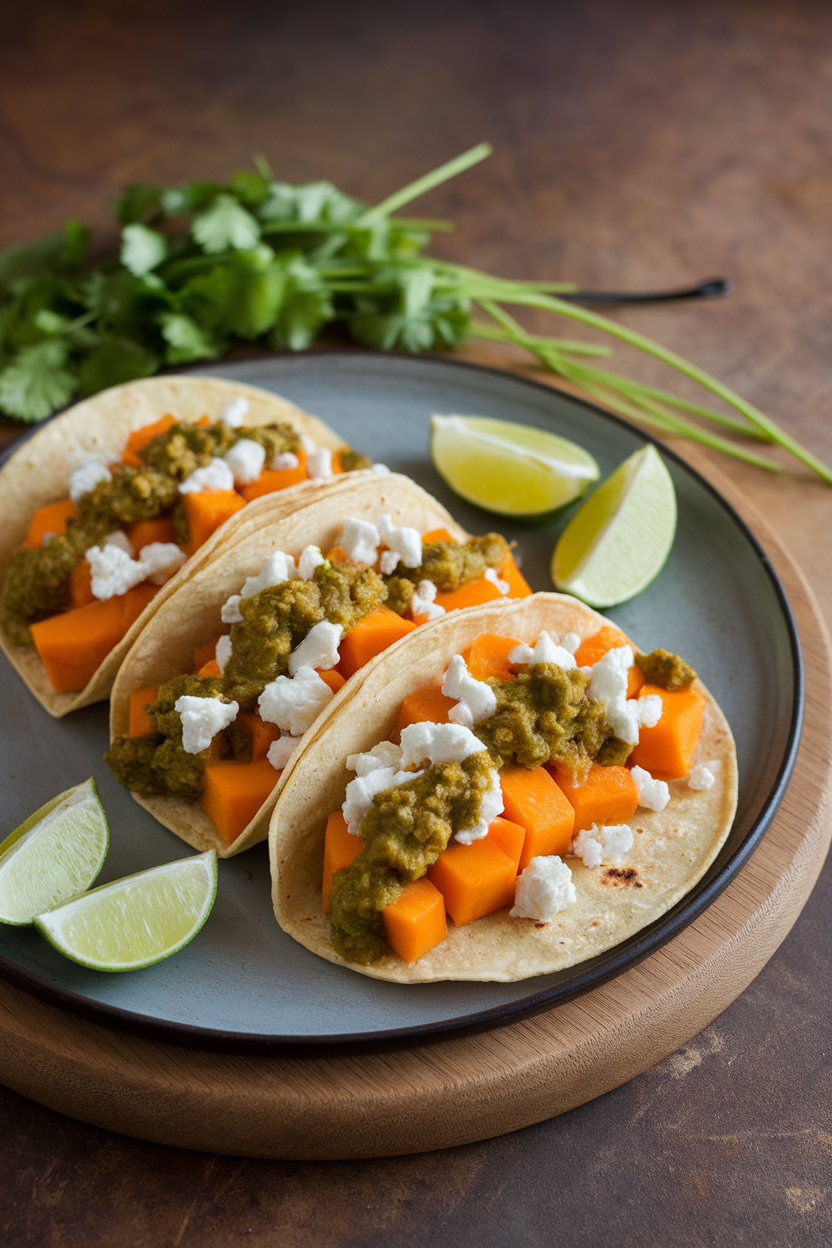 An indoor serving platter displaying corn tortillas filled with orange butternut squash cubes and white goat cheese crumbles, topped with green tomatillo sauce. No logos.