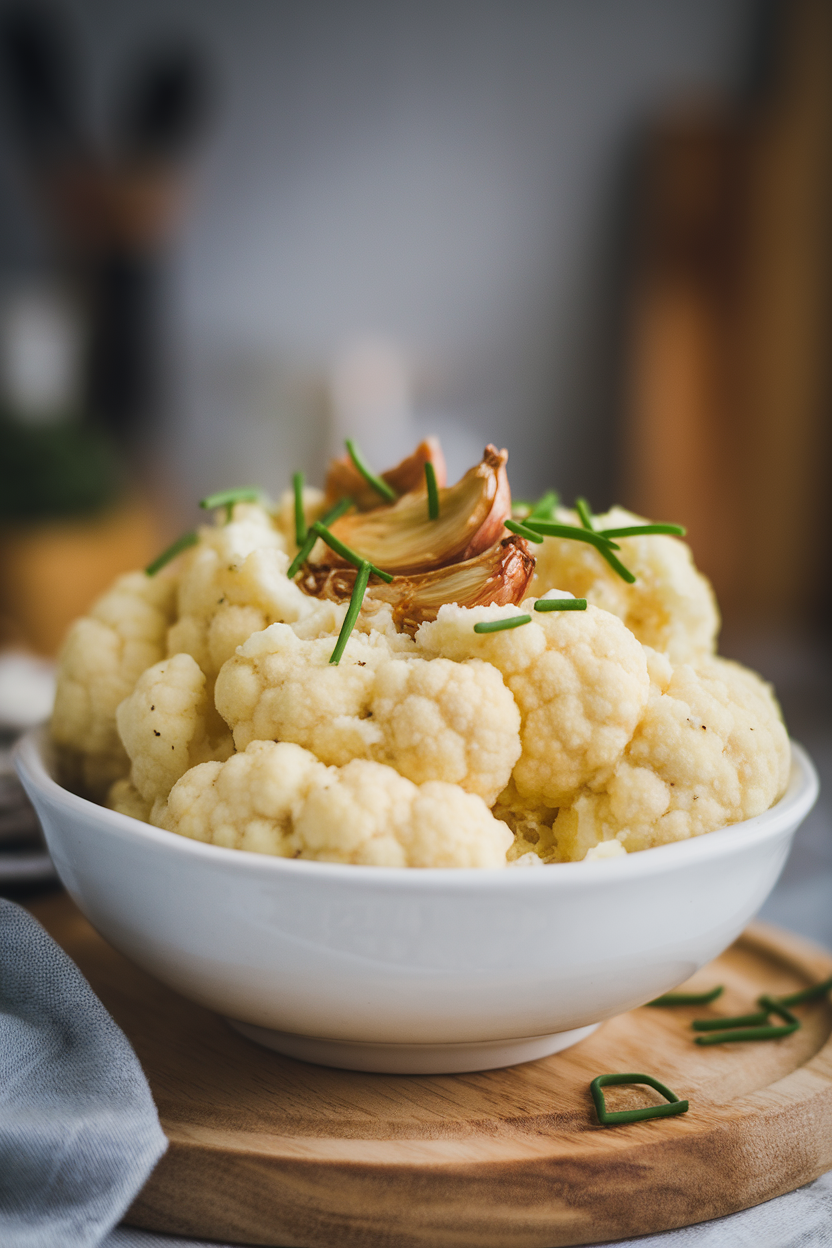 A white indoor serving bowl of fluffy mashed cauliflower topped with roasted garlic cloves and chives. No text or logos present.