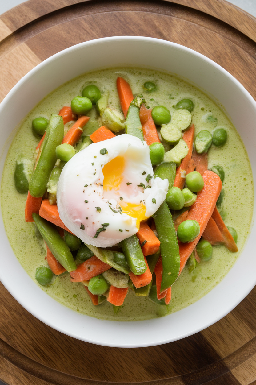 Indoor bowl of mixed vegetables in light green curry sauce crowned with a poached egg, no text or logos.