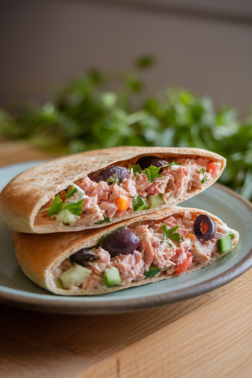 Half a whole-wheat pita on an indoor plate, stuffed with tuna salad, olives, cucumber, and parsley, angled to reveal colorful filling. No text or logos.