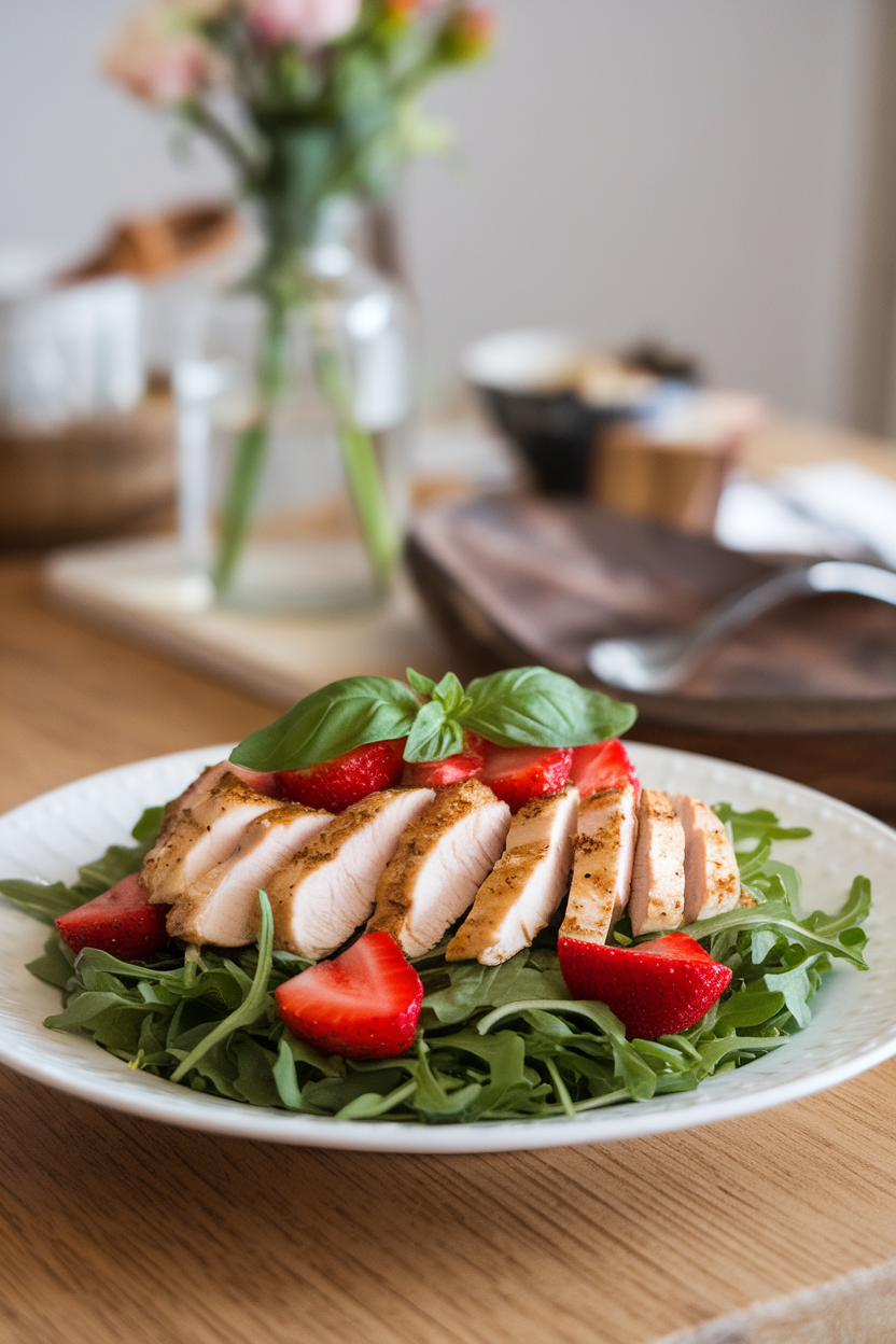 An indoor dining table with a white plate of baby arugula, sliced chicken, halved strawberries, and torn basil leaves — photo, no logos