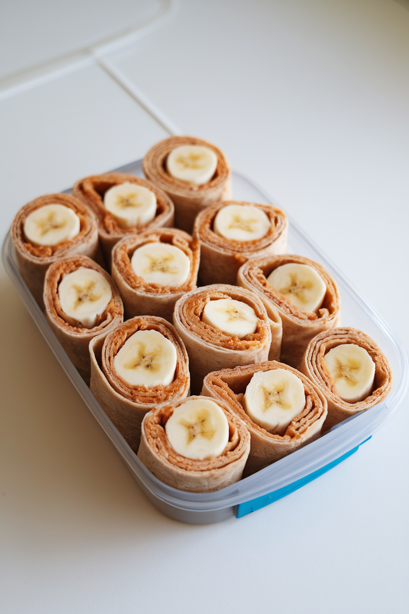 An indoor lunchbox scene displaying whole-wheat tortilla roll-ups filled with peanut butter and banana slices, cut into bite-size pieces; bright kitchen lighting, no text or logos, photo not illustration.