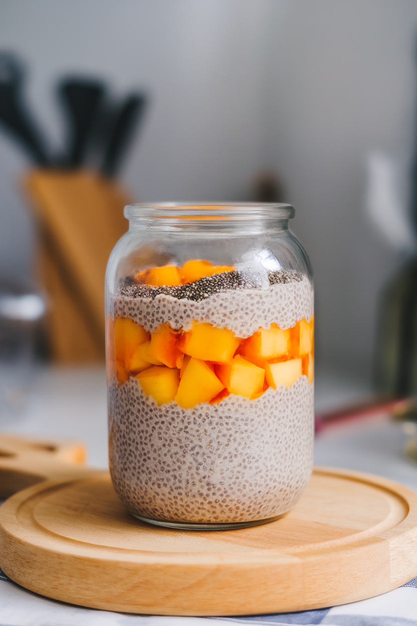 Glass jar indoors showing layered chia pudding and diced peaches, no text or logos