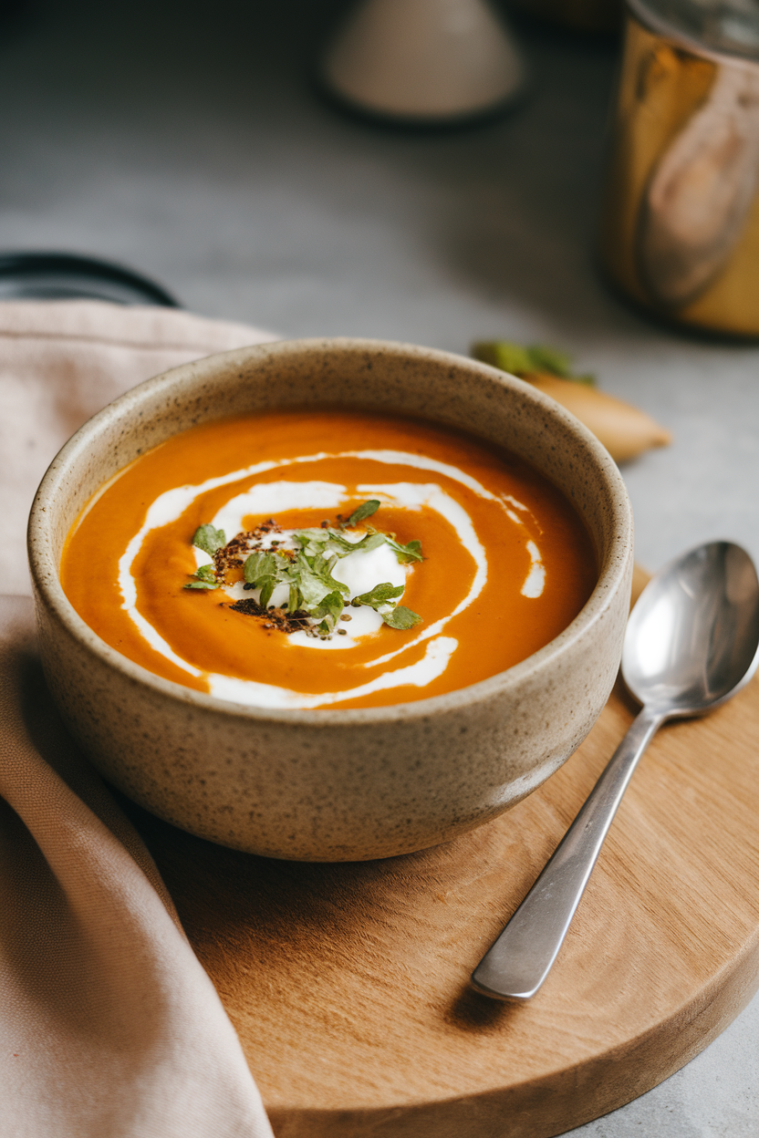 Indoor photo of a velvety orange soup in a stoneware bowl, topped with a swirl of yogurt and sprinkle of coriander seeds; soft light, no text or logos
