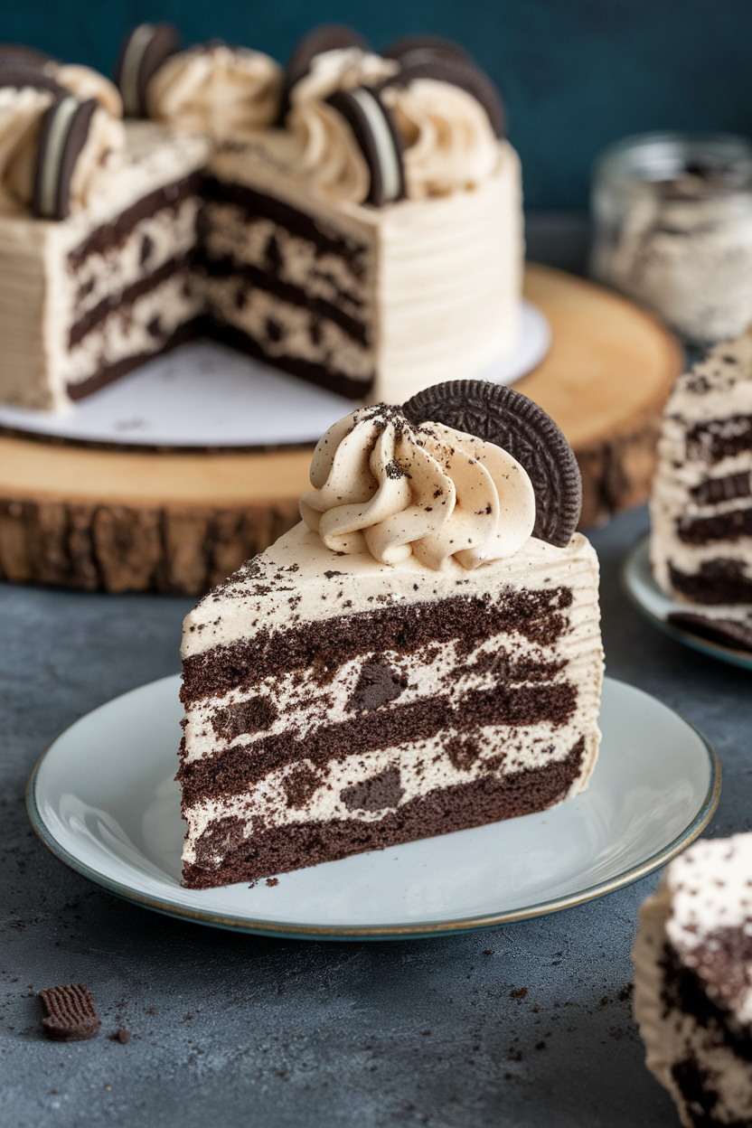 An indoor dessert bar featuring a cookies-and-cream cake slice dotted with chocolate cookie pieces, topped with a swirl of Oreo-flecked buttercream. No text or logos. Photo, not illustration.