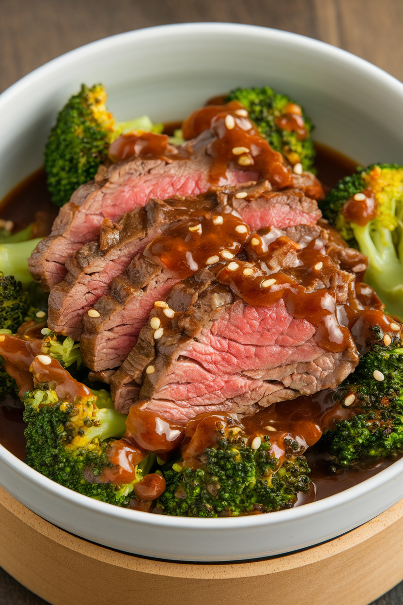 Indoor photo of sliced beef and broccoli florets coated in glossy sesame ginger sauce in a serving bowl, no text or logos present.