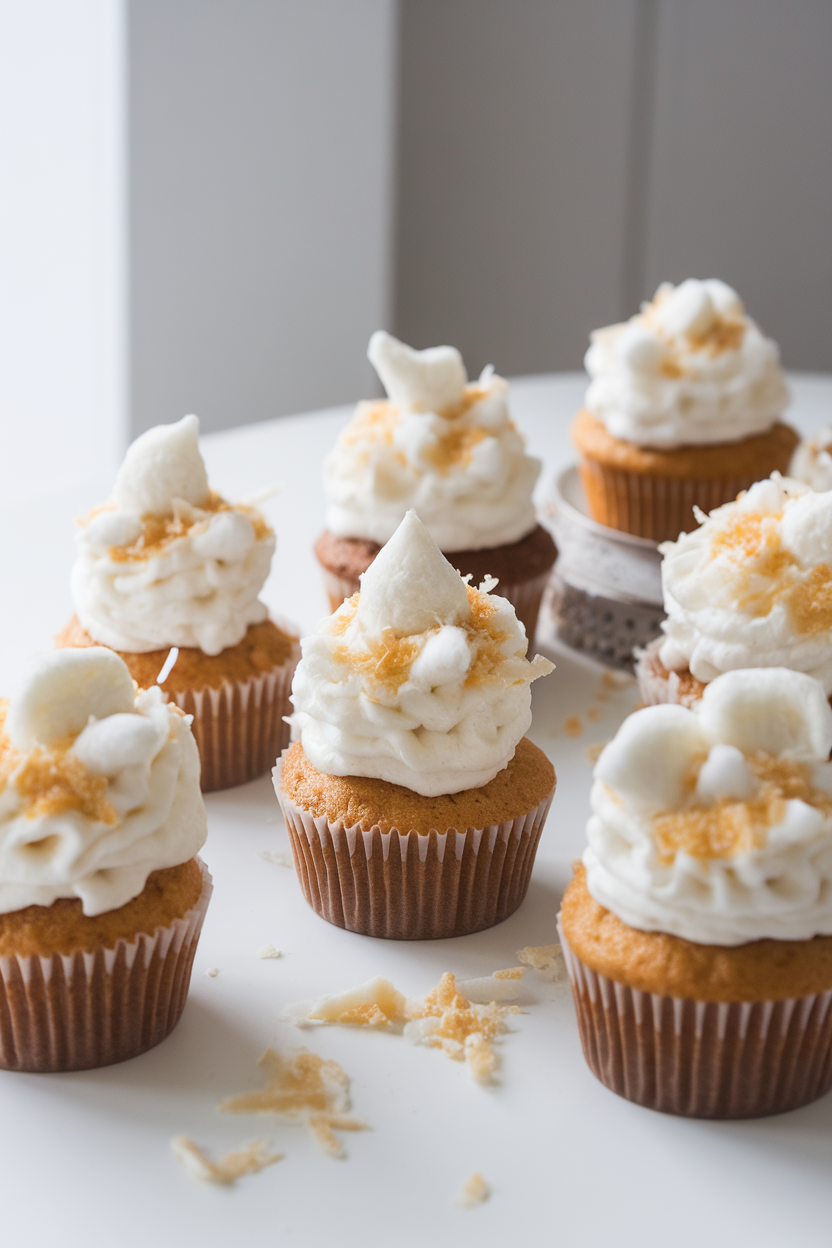 Photo of indoor bright white table with cupcakes smothered in fluffy marshmallow frosting peaks, dusted with coconut flakes, no text or logos.