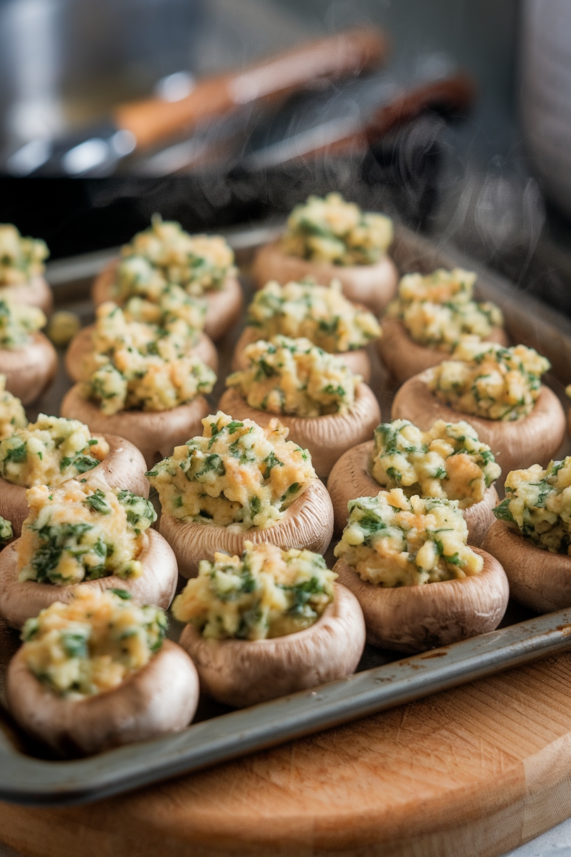 An indoor dining table holding a baking sheet of golden baby bella mushrooms overflowing with Parmesan herb filling, steam rising. No text or logos. Photo.