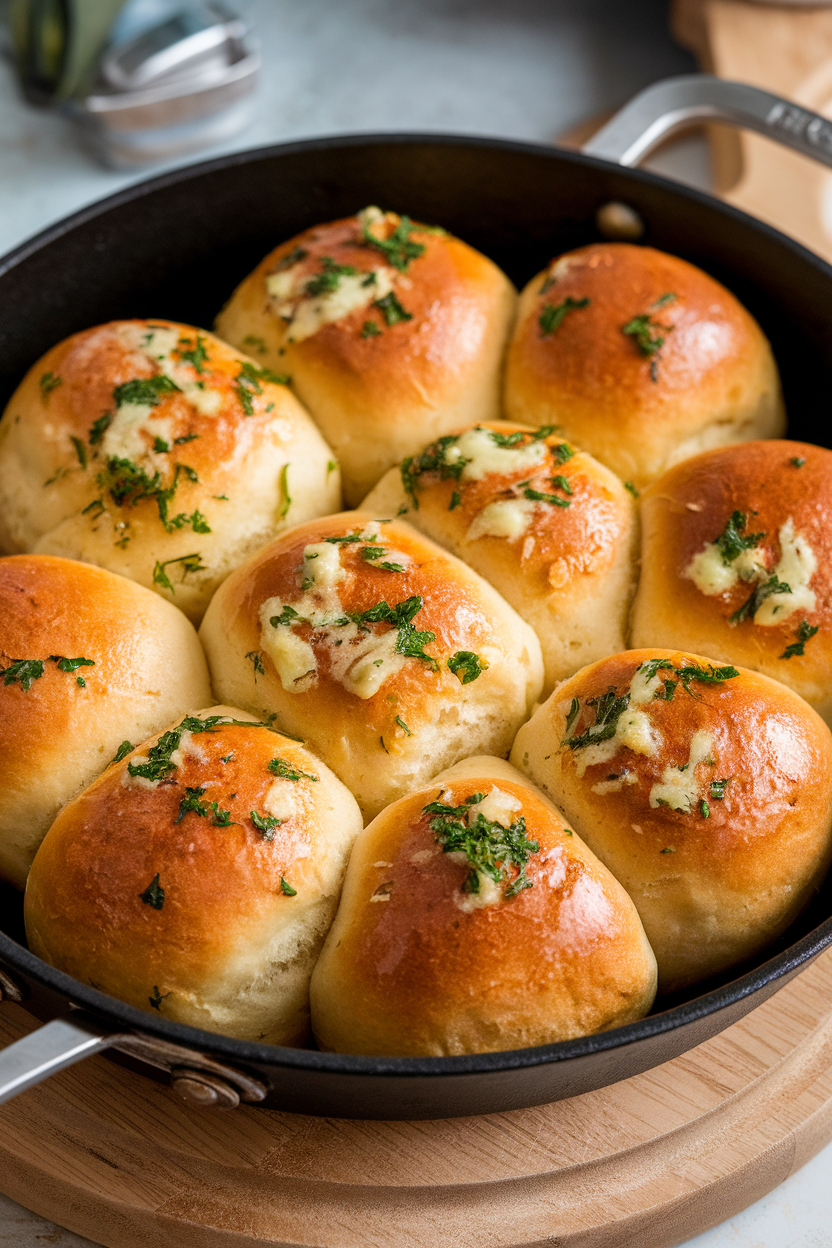 Indoor photo of a round skillet filled with golden pull-apart dinner rolls brushed with melted garlic butter and parsley. No text or logos.