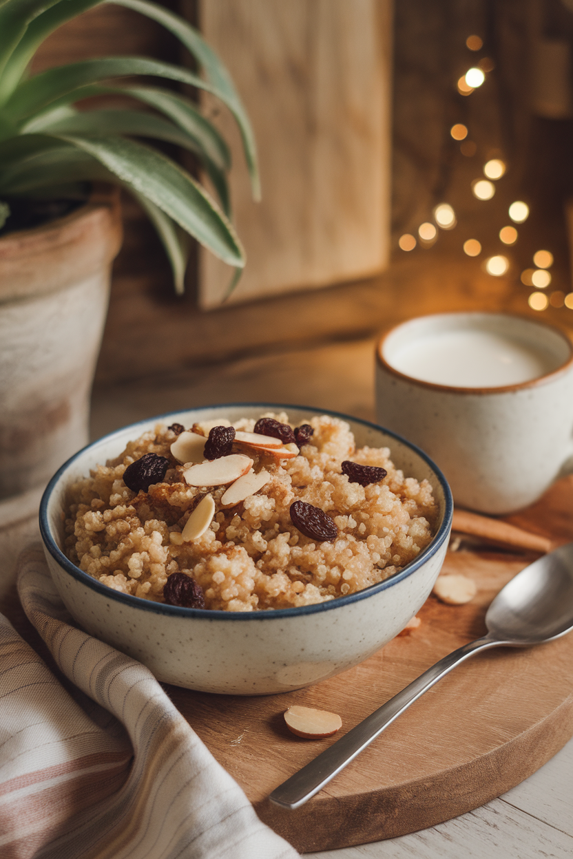 Indoor breakfast scene featuring a bowl of fluffy quinoa dotted with raisins, cinnamon, and sliced almonds. No text or logos.