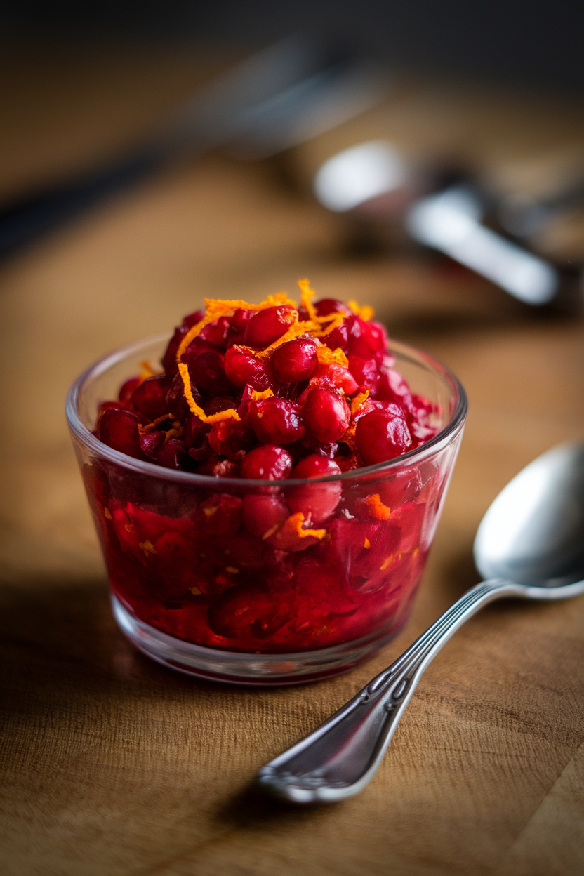 Indoor photo of a small glass bowl filled with vibrant red cranberry relish flecked with orange zest. A spoon rests nearby. No text or logos.