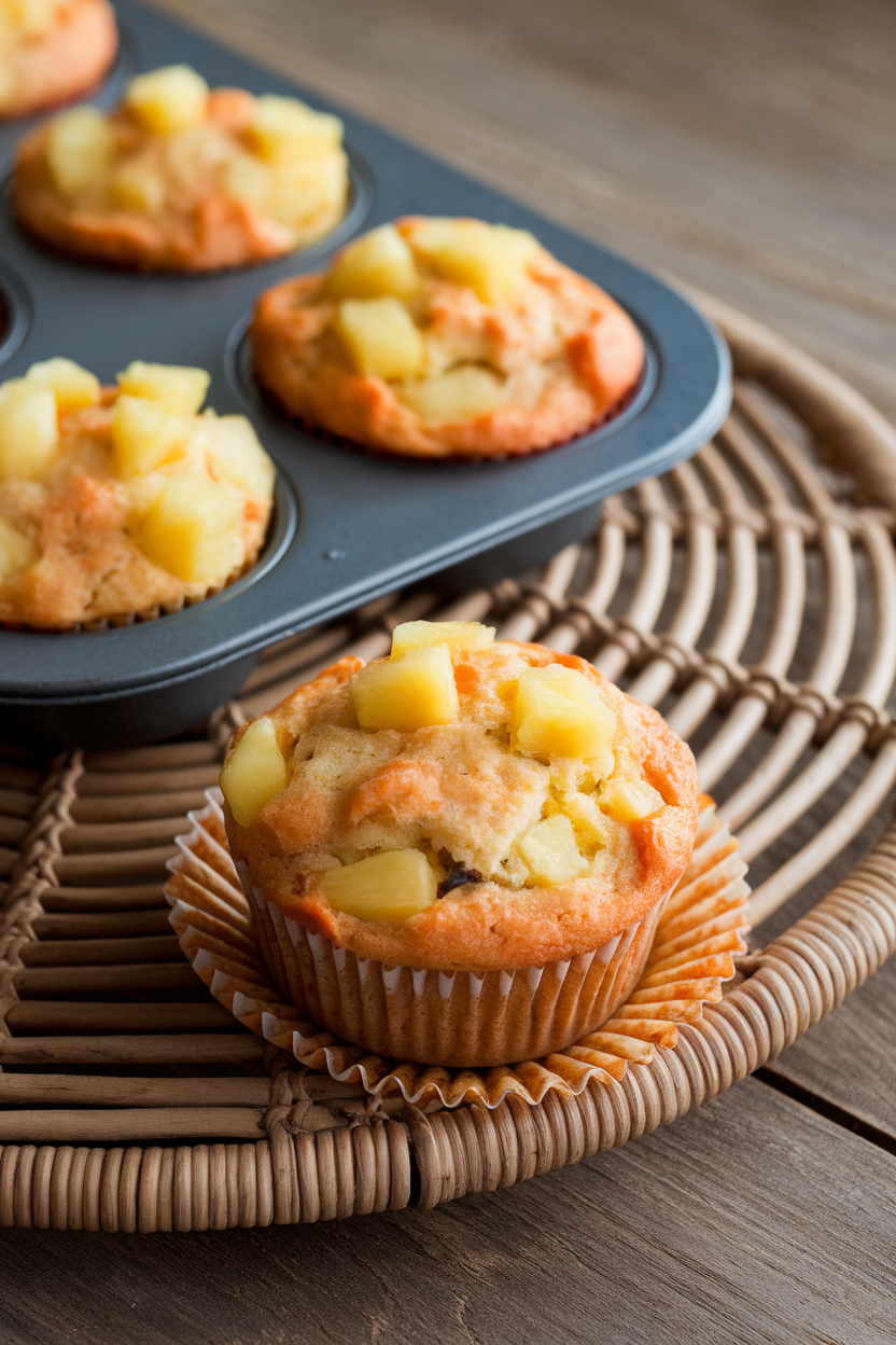Indoor photo of pineapple carrot muffins on a rattan charger, pineapple tidbits visible, no text or logos