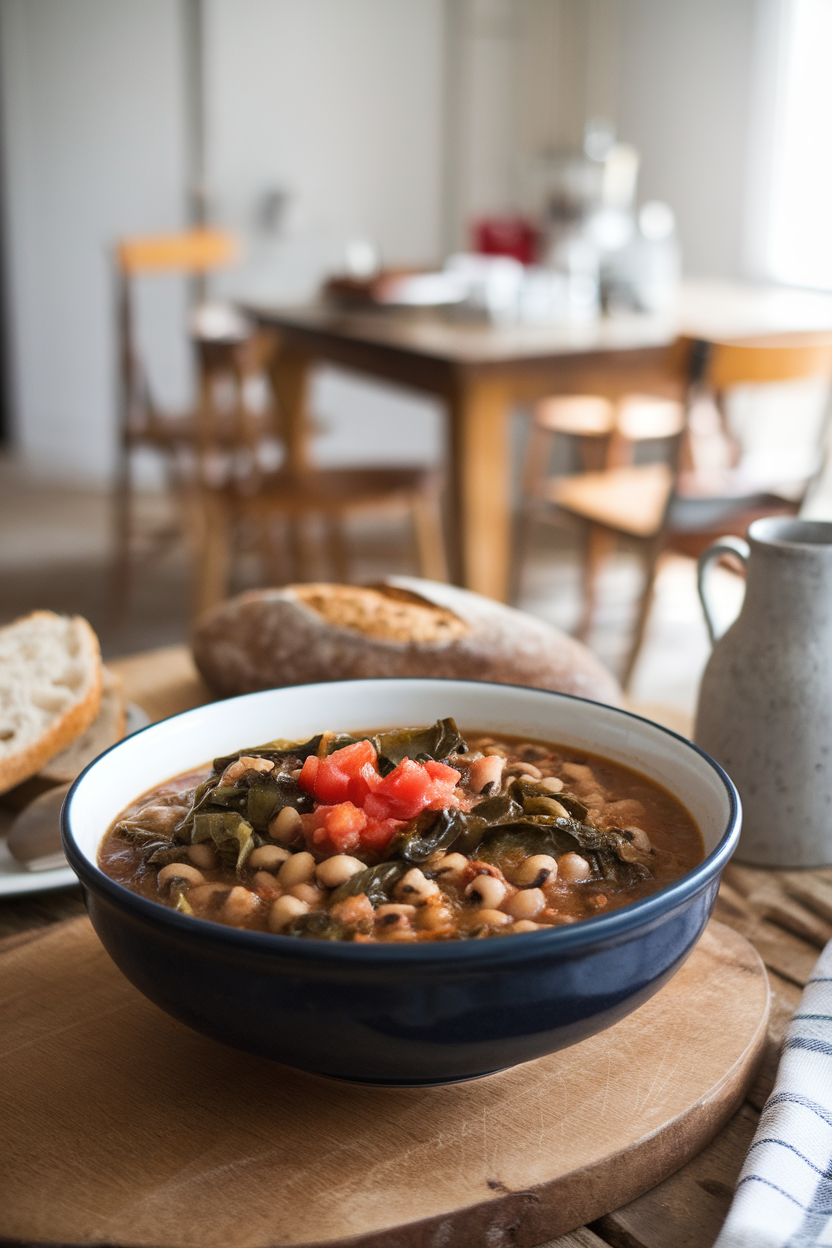 Indoor dining scene with a bowl of thick stew containing black-eyed peas, collard greens, and diced tomatoes. No text or logos.