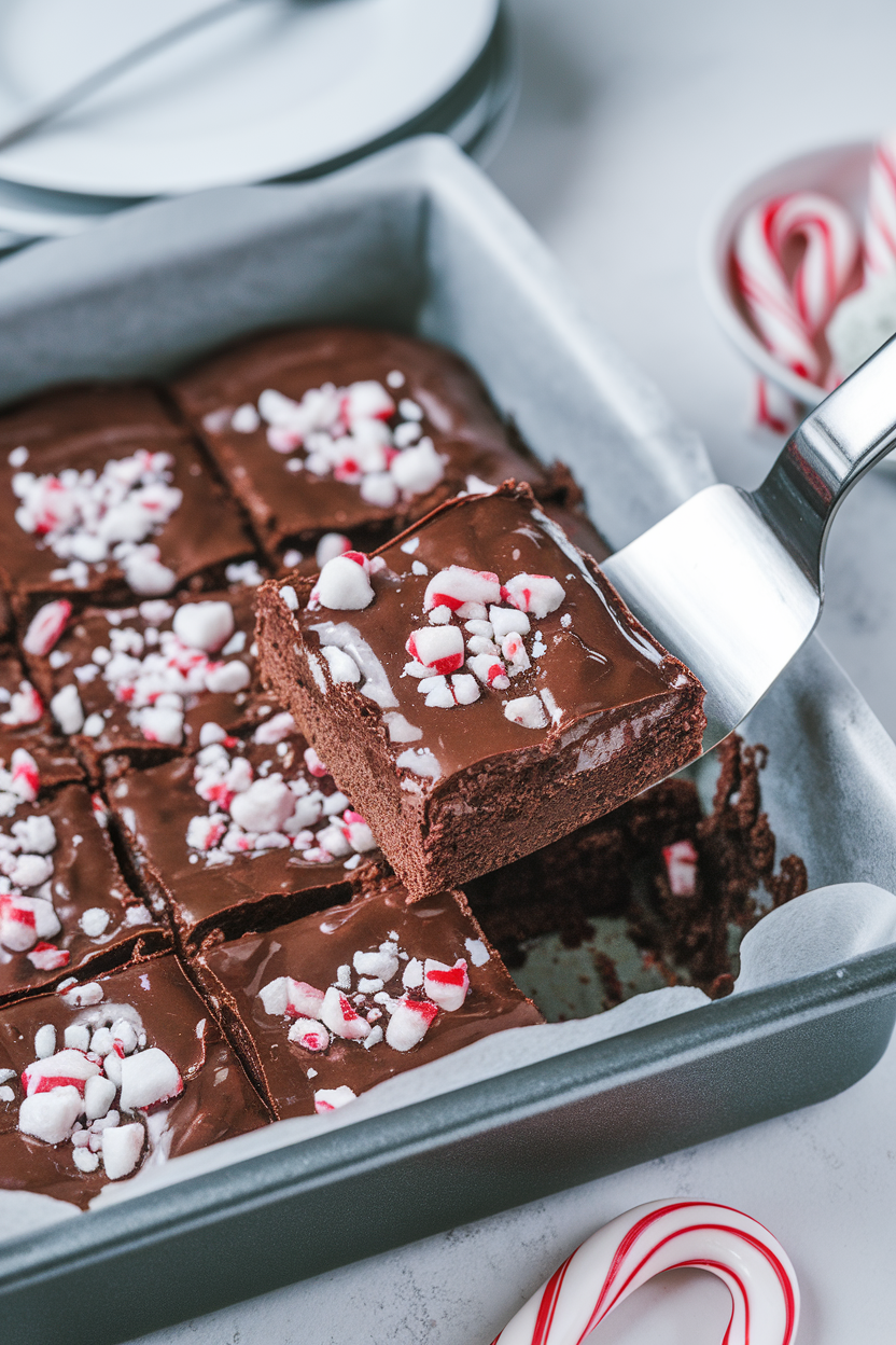 An indoor scene with glossy chocolate brownies in a pan, crushed candy cane topping glistening, spatula poised. No text or logos present.</Prompt
