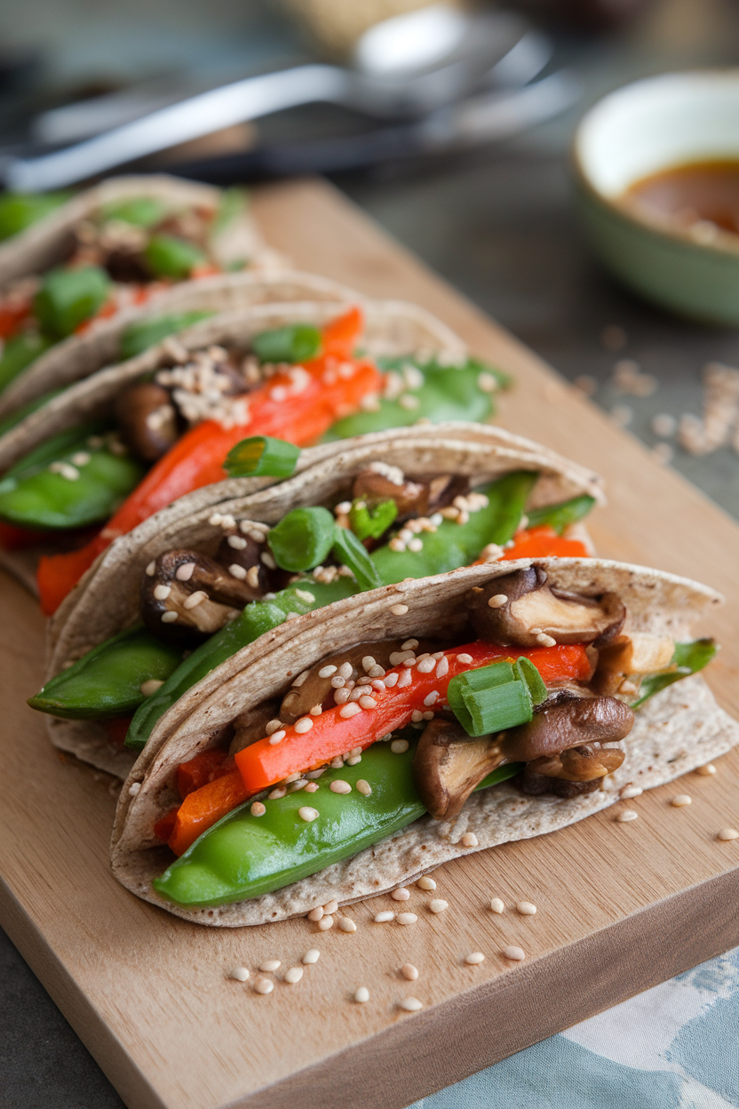 Indoor image of whole-grain tortillas packed with sautéed bell peppers, snap peas, and shiitake mushrooms in sesame-ginger glaze, no logos.