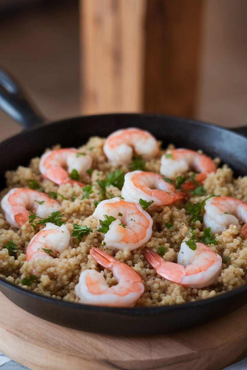 Photo of an indoor skillet showing pink cooked shrimp nestled in fluffy quinoa flecked with parsley and garlic. No visible branding.
