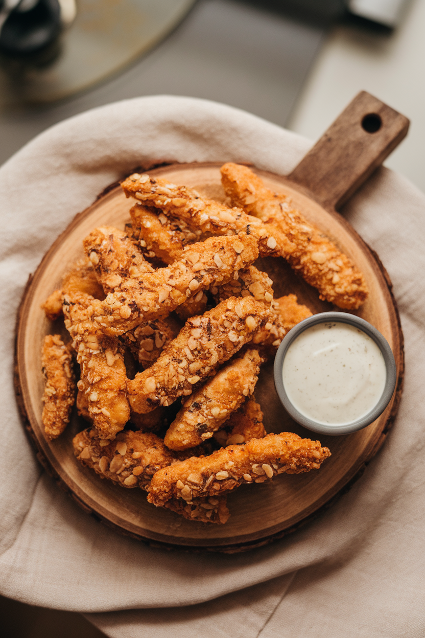 Indoor serving board piled with golden almond-crusted chicken strips and a small dipping bowl, overhead shot. No text or logos.