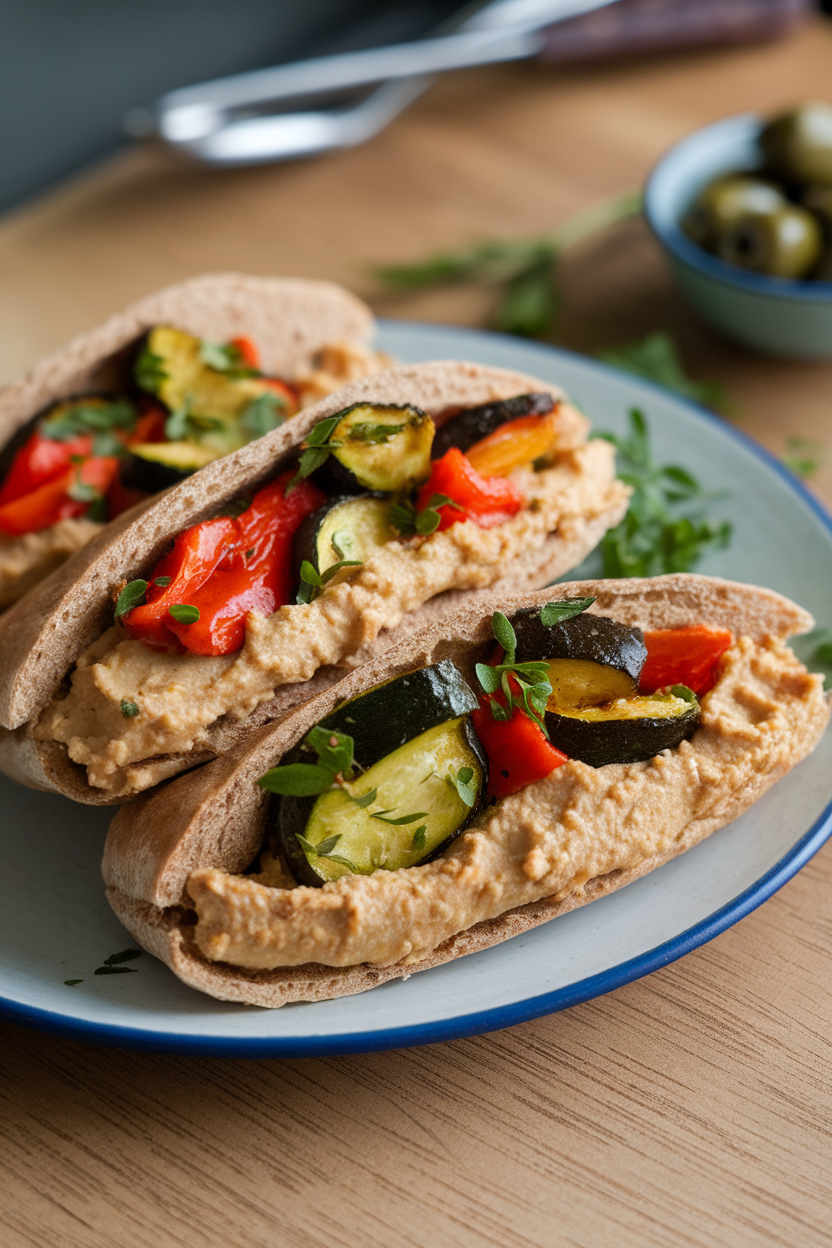 Indoor dining table showing whole-wheat pita halves stuffed with roasted zucchini, peppers, and a generous swipe of hummus. No text or logos present.