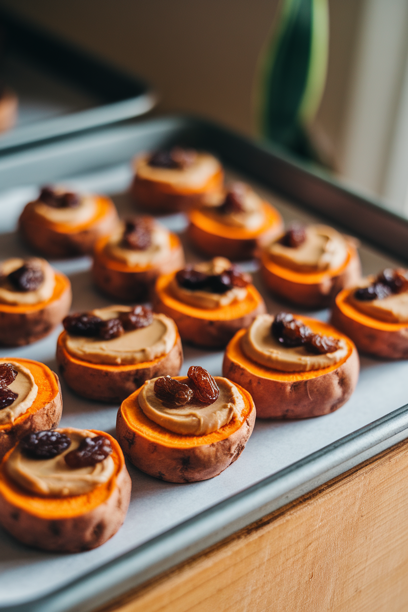 Bite-sized roasted sweet potato rounds topped with peanut butter and raisins on a tray indoors. No text or logos.