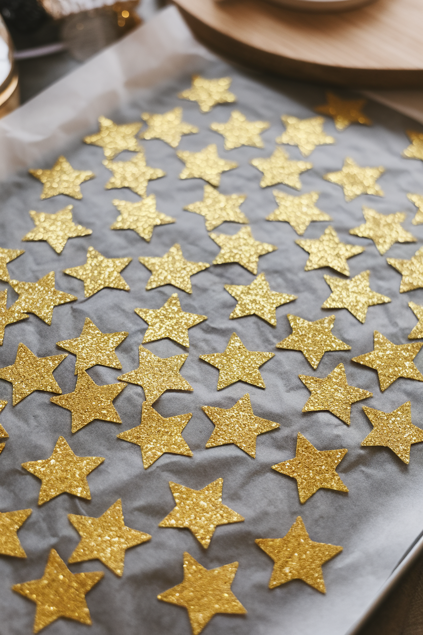 Indoor image of gold edible glitter stars spread across a parchment sheet, twinkling under overhead light, no text or logos