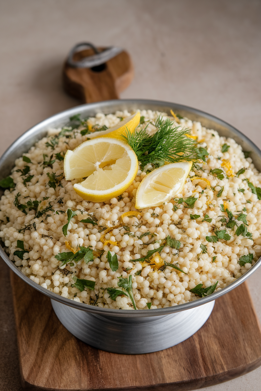 Indoor serving platter with fluffy pearl couscous mixed with chopped parsley, dill, and lemon zest. No text or logos.